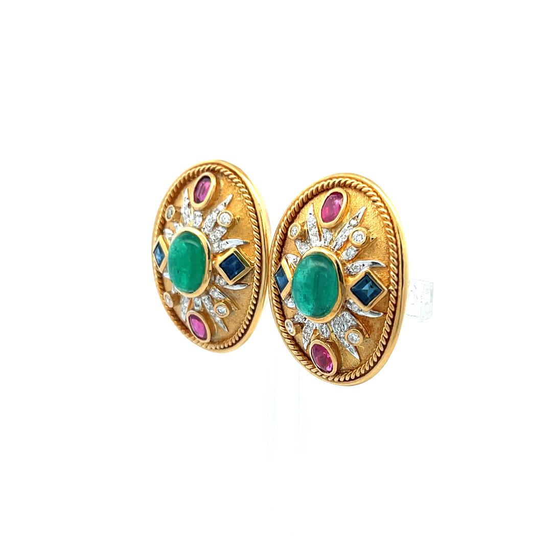 4.00 Carat Emerald 2.00 Carat Ruby Sapphire 0.30 Carat Diamond 18K YG Earrings