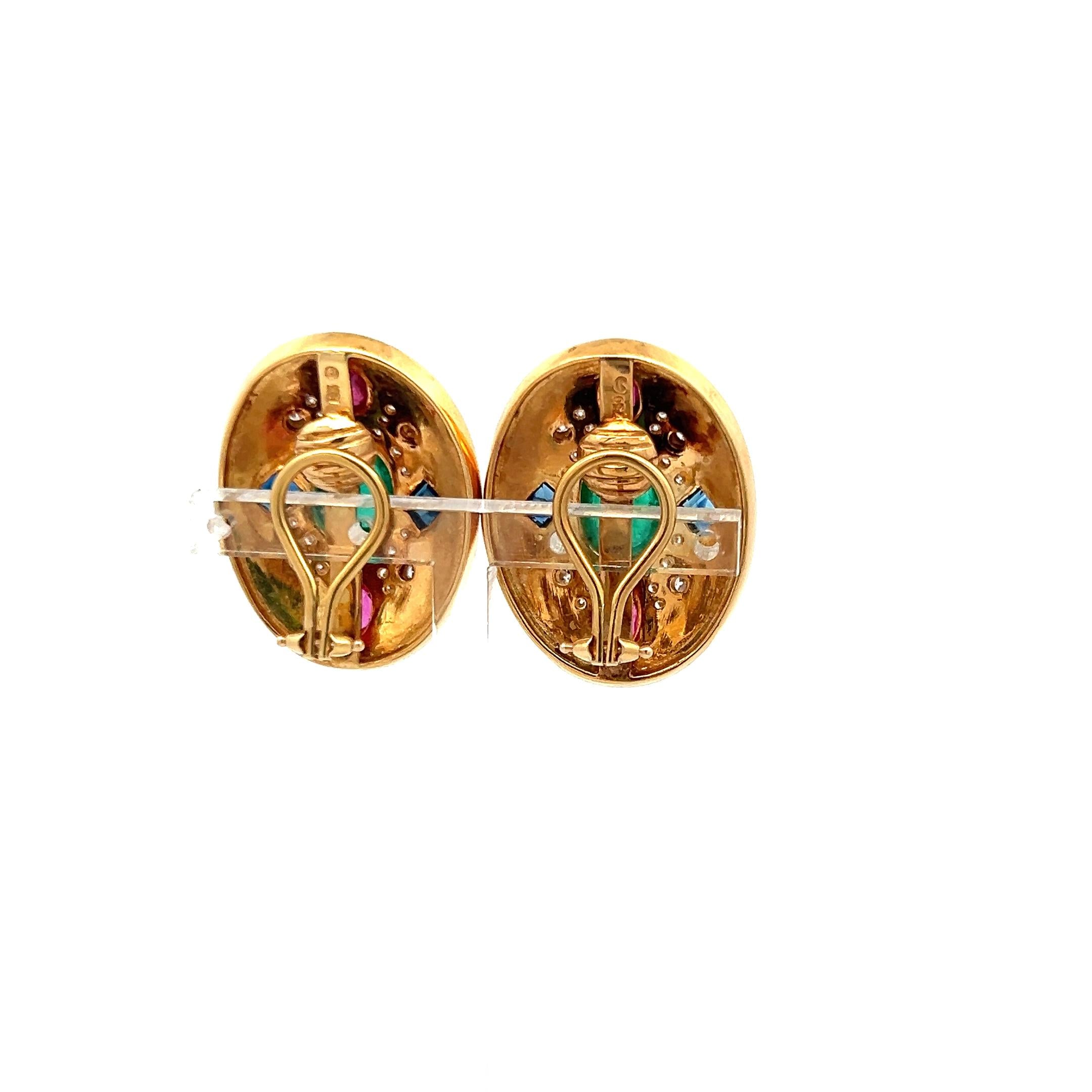4.00 Carat Emerald 2.00 Carat Ruby Sapphire 0.30 Carat Diamond 18K YG Earrings