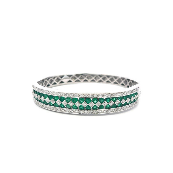 5.50 Carat Emerald 1.50 Carat Round Brilliant Diamond 14K WG Bangle Bracelet