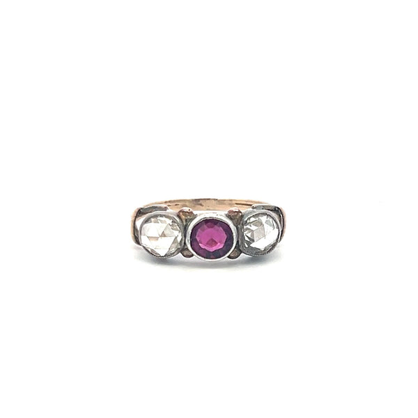 1.30 Carat Rose Cut Diamond 0.70 Carat Amethysts 14K Rose Gold Three-Stone Ring