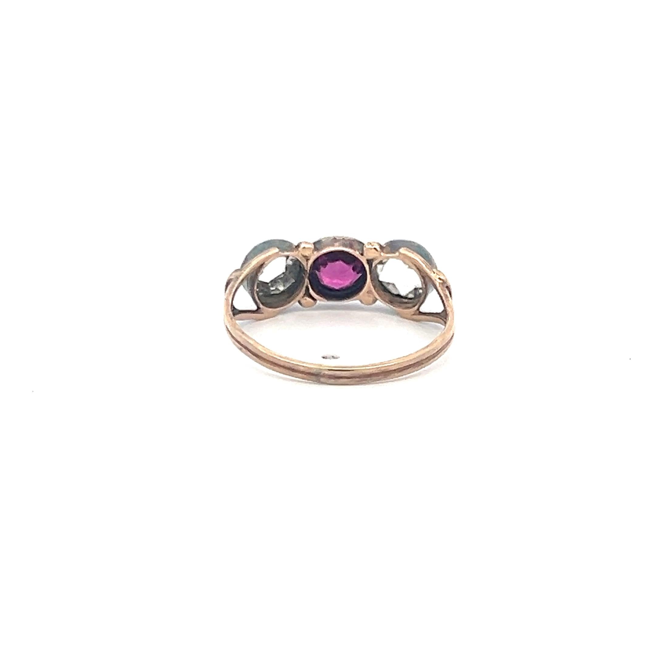 1.30 Carat Rose Cut Diamond 0.70 Carat Amethysts 14K Rose Gold Three-Stone Ring