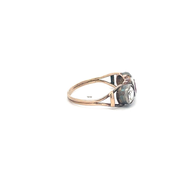 1.30 Carat Rose Cut Diamond 0.70 Carat Amethysts 14K Rose Gold Three-Stone Ring