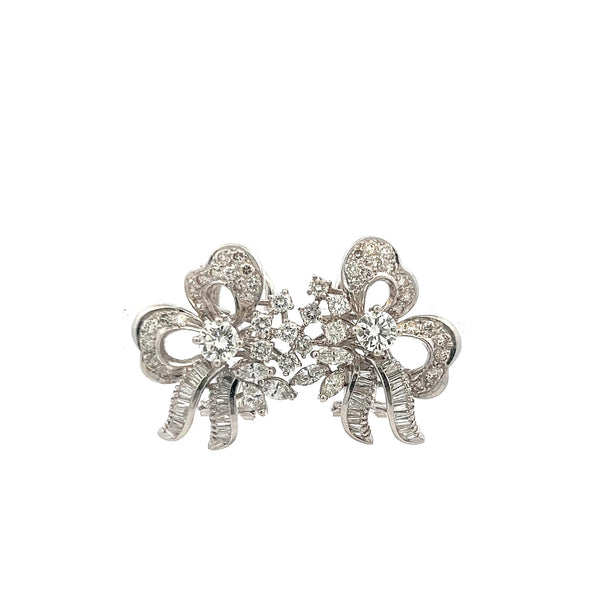 3.53ct Diamond Floral Clip-On Earrings in 18K White Gold, Round & Baguette Mix