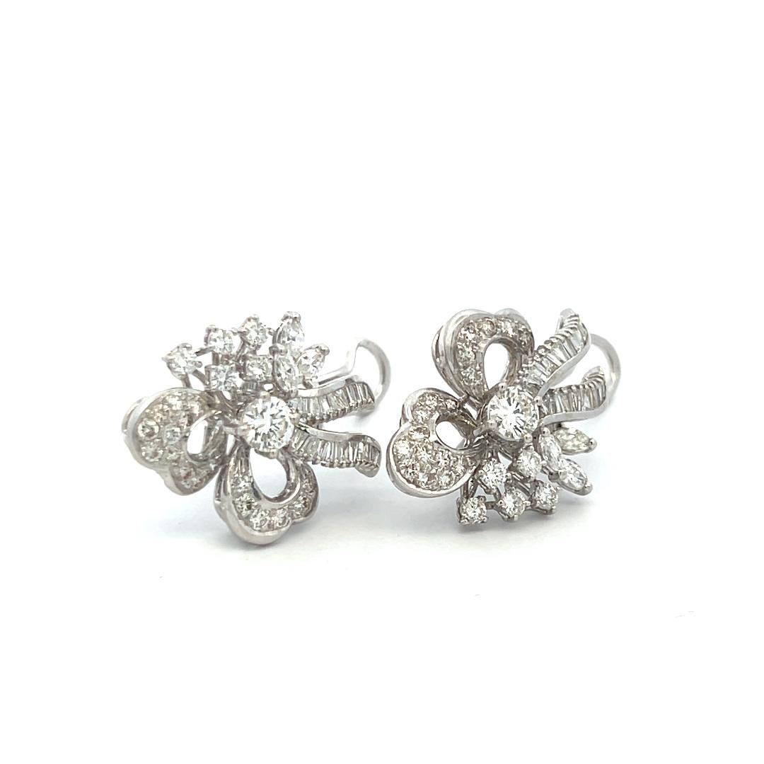 3.53 Carat Round Tapered Baguette Marquis Diamond 18K WG Clip On Earrings