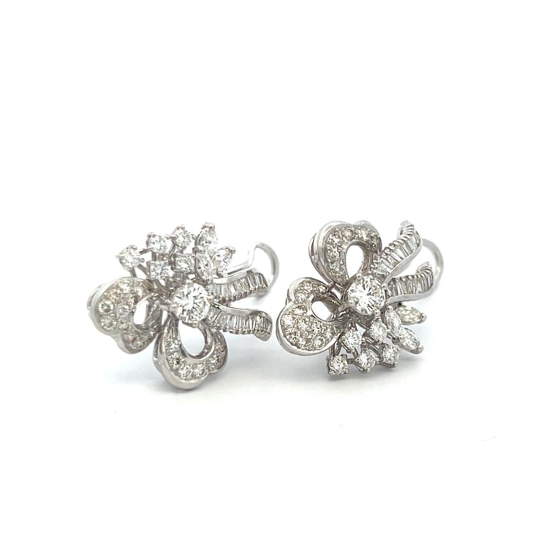 Vintage 18K White Gold Clip On with 3.53ct Round & Mixed Shape Diamonds