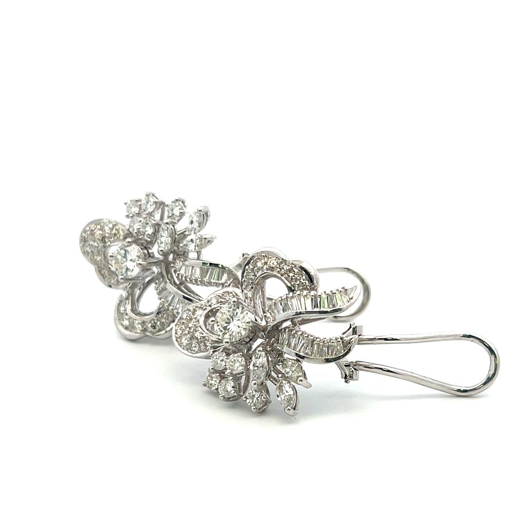 3.53 Carat Round Tapered Baguette Marquis Diamond 18K WG Clip On Earrings
