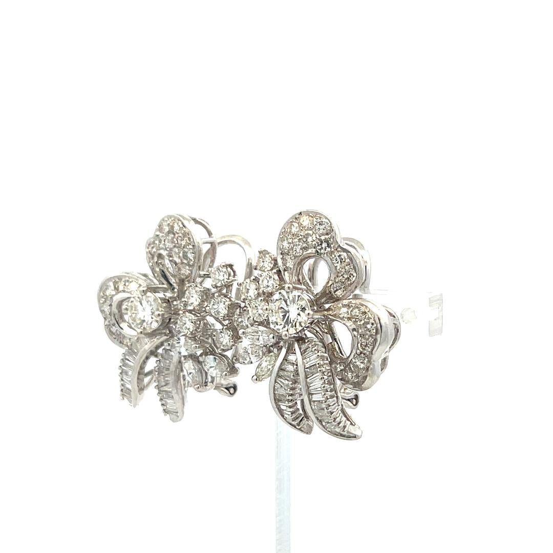 3.53 Carat Round Tapered Baguette Marquis Diamond 18K WG Clip On Earrings