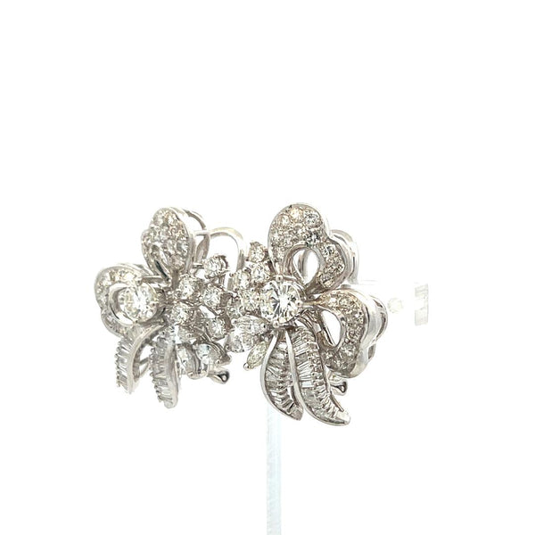 3.53ct Diamond Floral Clip-On Earrings in 18K White Gold, Round & Baguette Mix