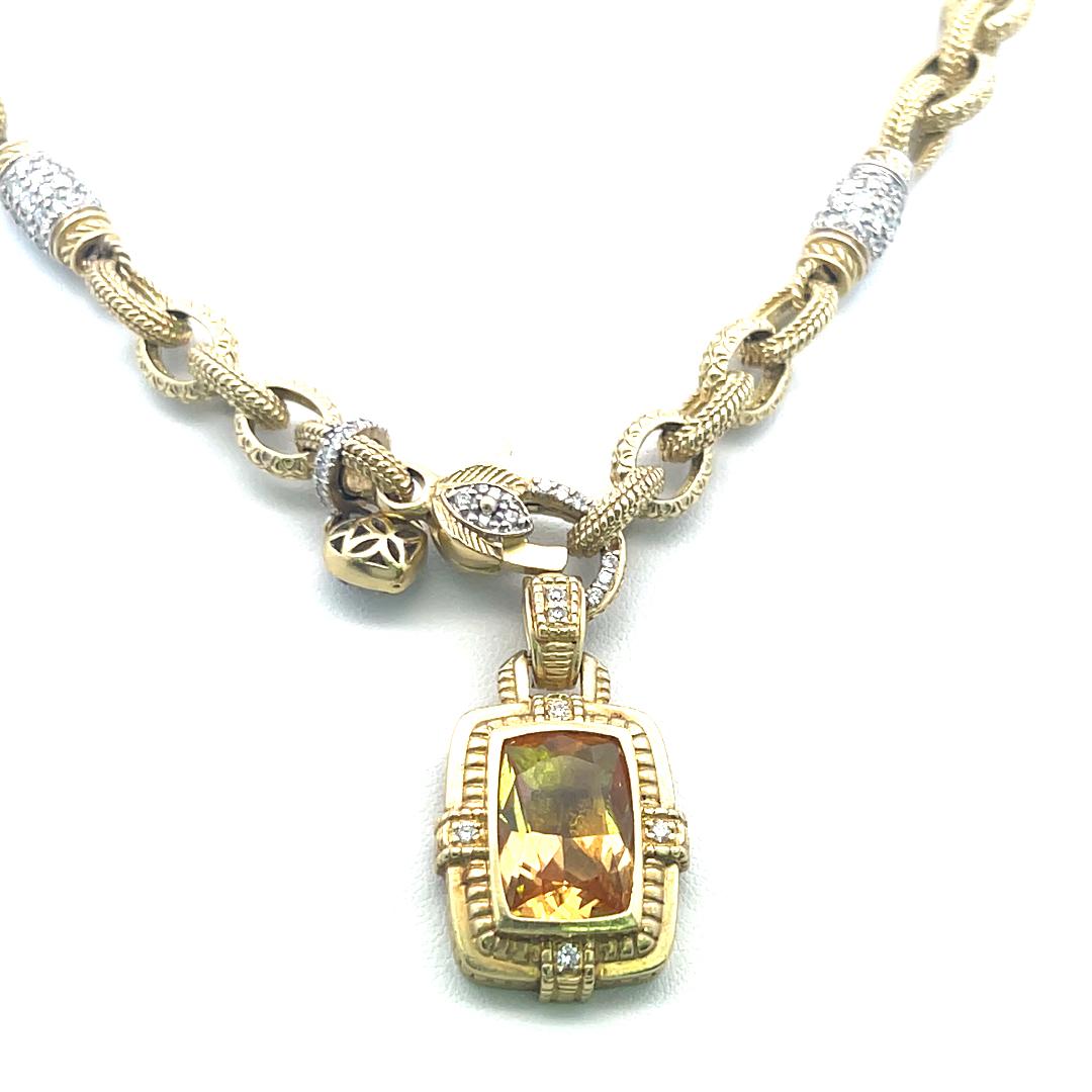 1.80 Carat Round Brilliant Diamond 12-16MM Citrine 18K YG Charm Necklace