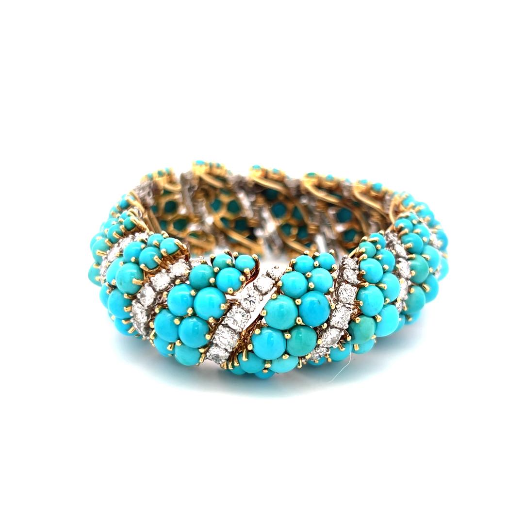 Turquoise & 14.22ct G VS Diamond Bracelet and Ring Set in 18K Yellow Gold