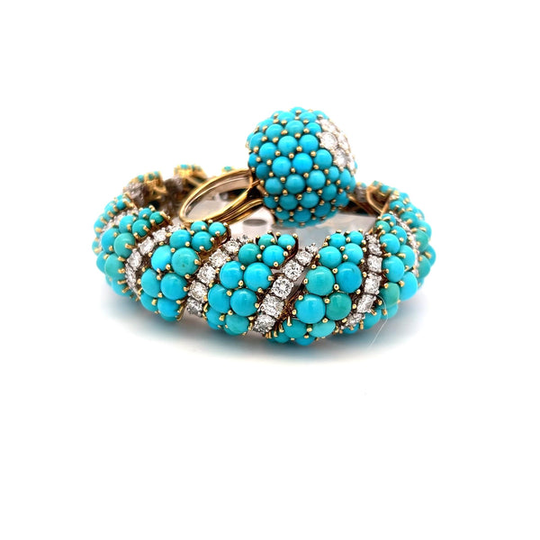 Turquoise & 14.22ct G VS Diamond Bracelet and Ring Set in 18K Yellow Gold