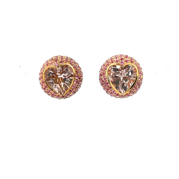 5.00 Carat Heart Shape Semi 2.00 Carat Round Semi 18K Yellow Gold Stud Earrings