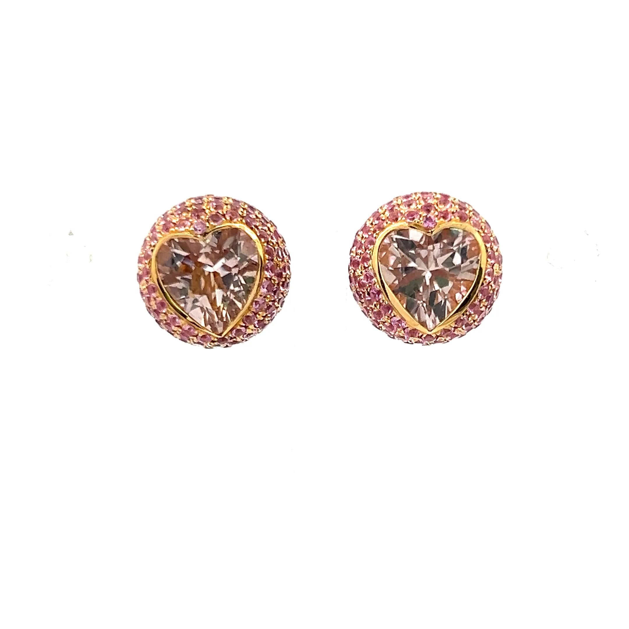 18K Yellow Gold Studs Earring with 7 Carat Round & Heart Semi Precious Gemstones