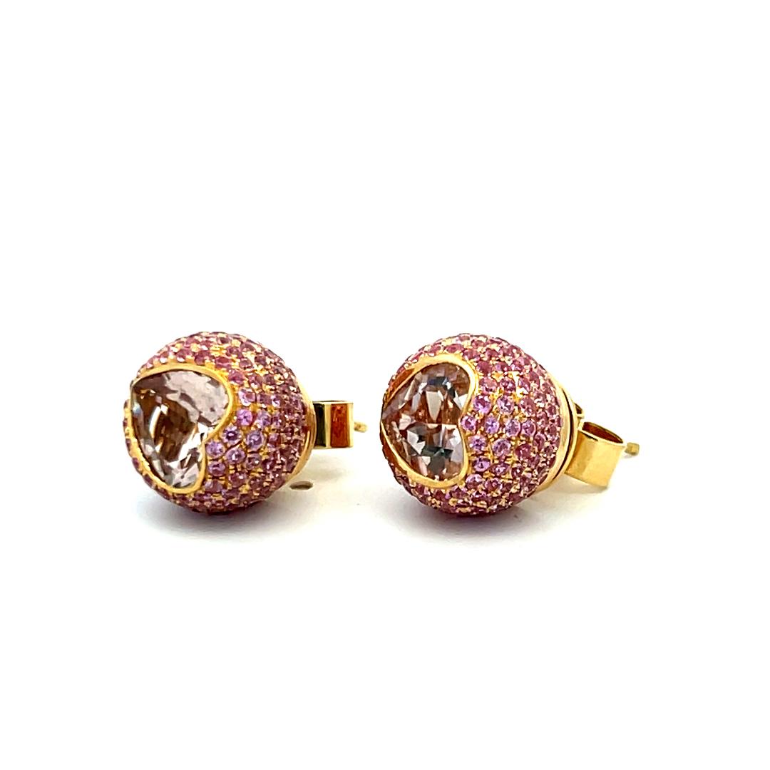 18K Yellow Gold Studs Earring with 7 Carat Round & Heart Semi Precious Gemstones