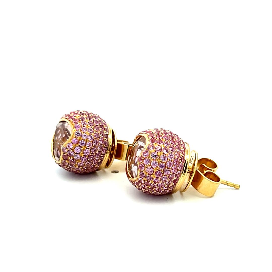 18K Yellow Gold Studs Earring with 7 Carat Round & Heart Semi Precious Gemstones