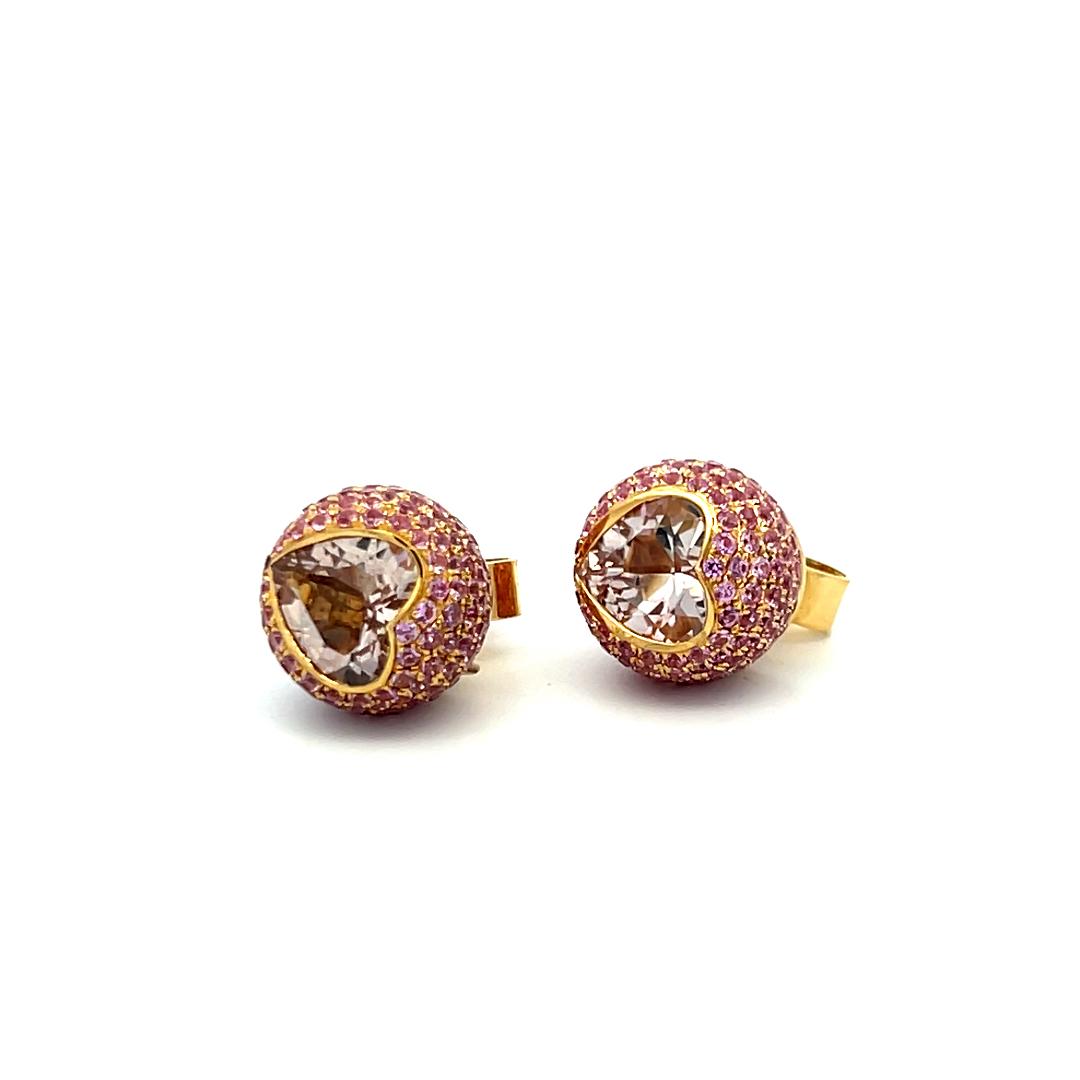 18K Yellow Gold Studs Earring with 7 Carat Round & Heart Semi Precious Gemstones