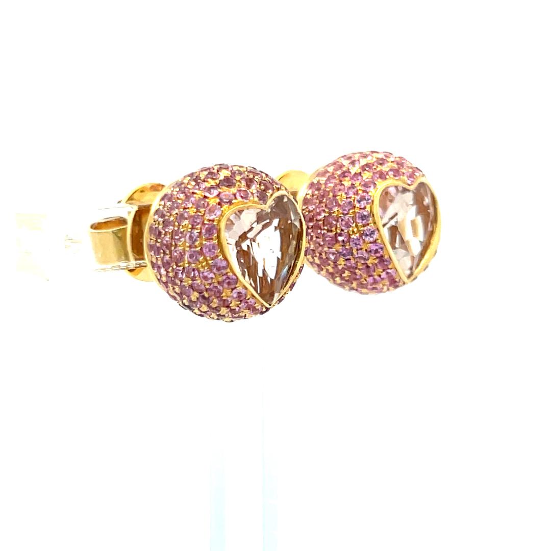 18K Yellow Gold Studs Earring with 7 Carat Round & Heart Semi Precious Gemstones