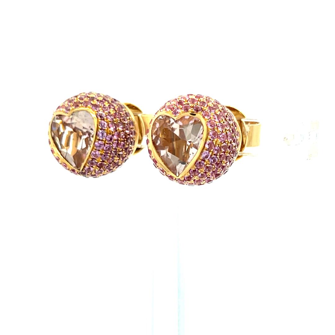 18K Yellow Gold Studs Earring with 7 Carat Round & Heart Semi Precious Gemstones