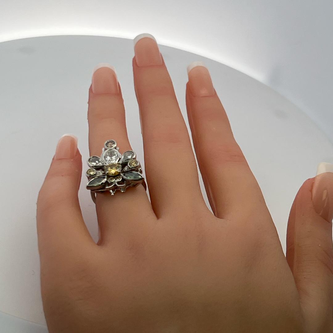 18K WG Cocktail Ring 1.46ct Round & Pear Diamonds and Multi Gemstones Size 4.25