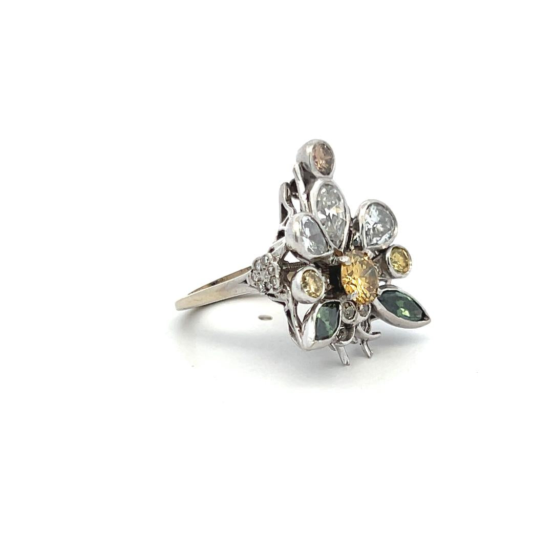 18K WG Cocktail Ring 1.46ct Round & Pear Diamonds and Multi Gemstones Size 4.25