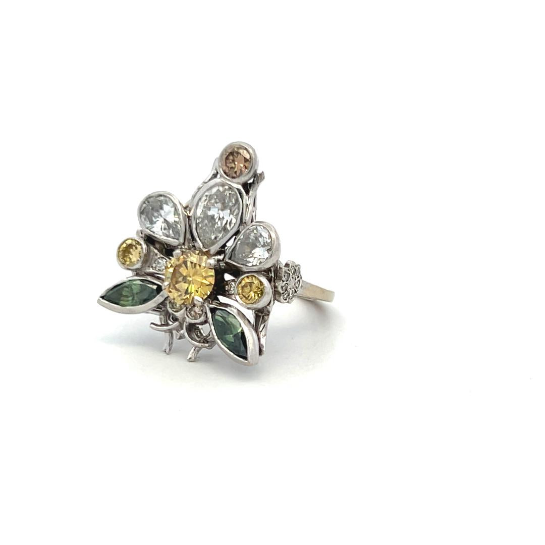 18K WG Cocktail Ring 1.46ct Round & Pear Diamonds and Multi Gemstones Size 4.25