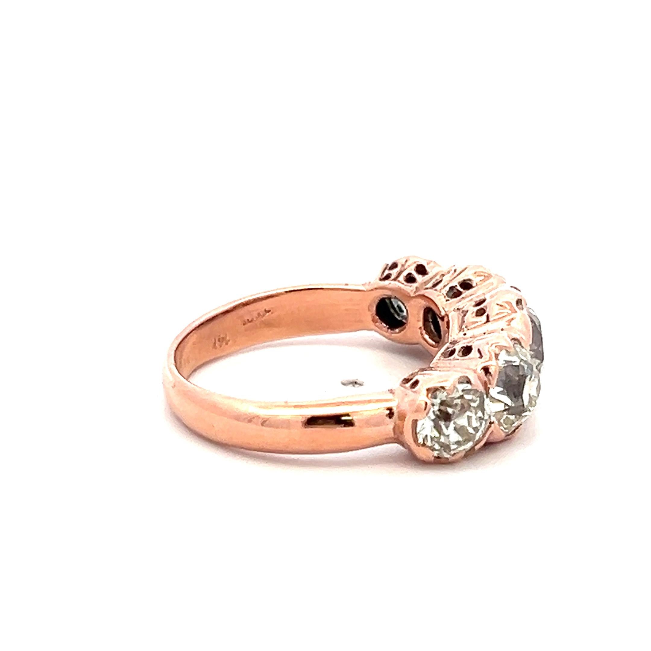 4.12ct Old European Cut M–J Diamond 14K Rose Gold Vintage Five-Stone Ring