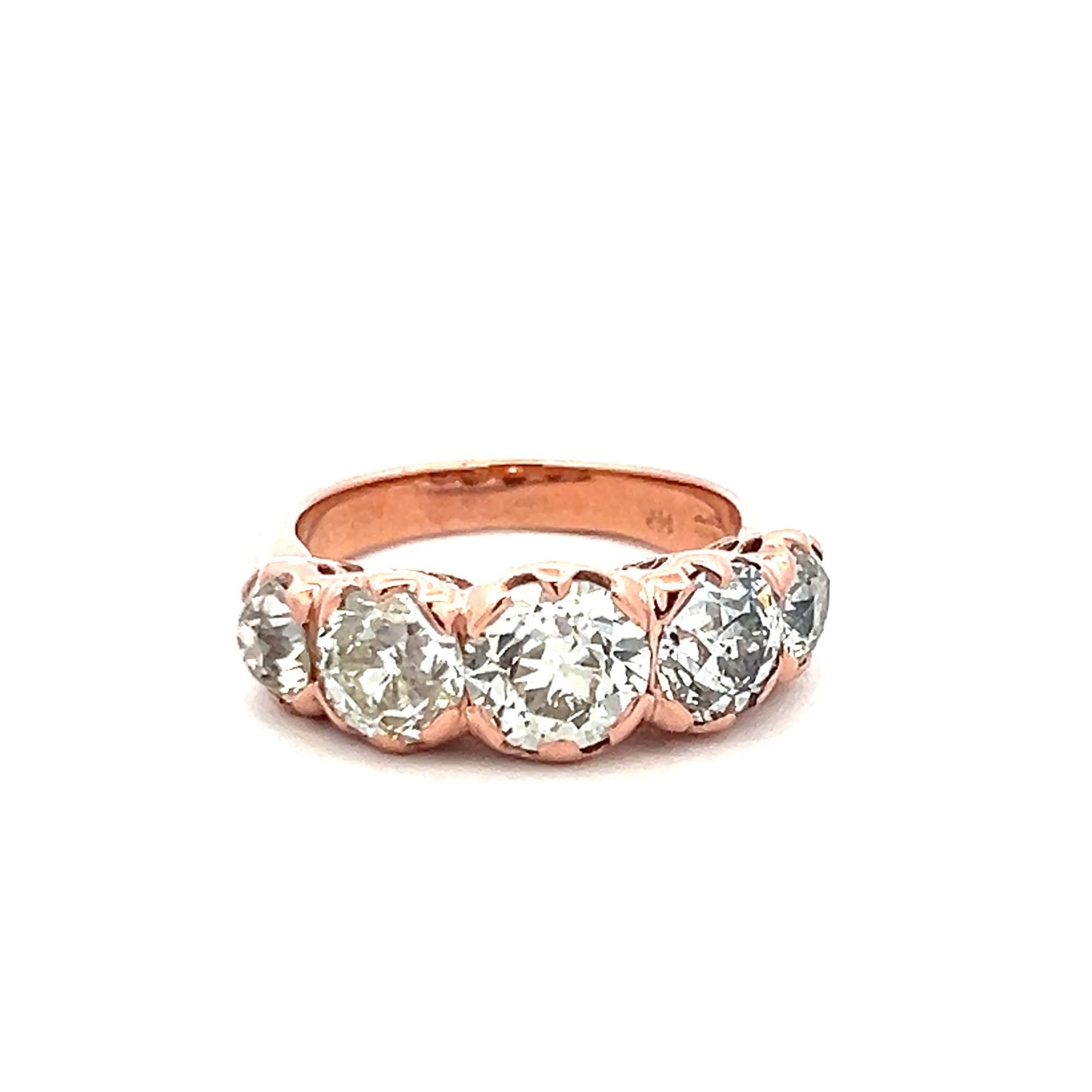 4.12ct Old European Cut M–J Diamond 14K Rose Gold Vintage Five-Stone Ring