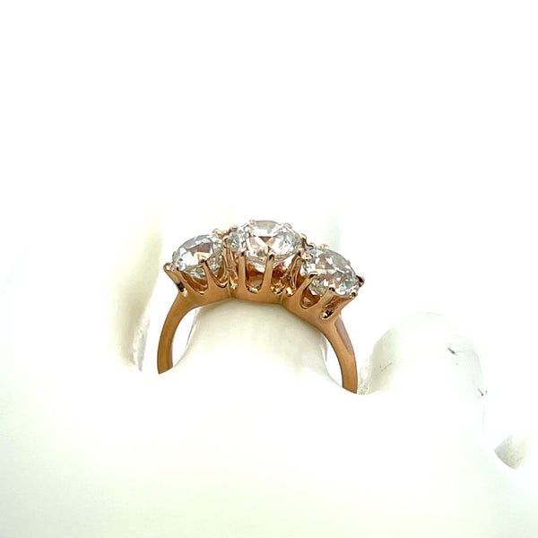 5.12 Carat Old European Cut Diamond 18 Karat Yellow Gold Three-Stone Ring