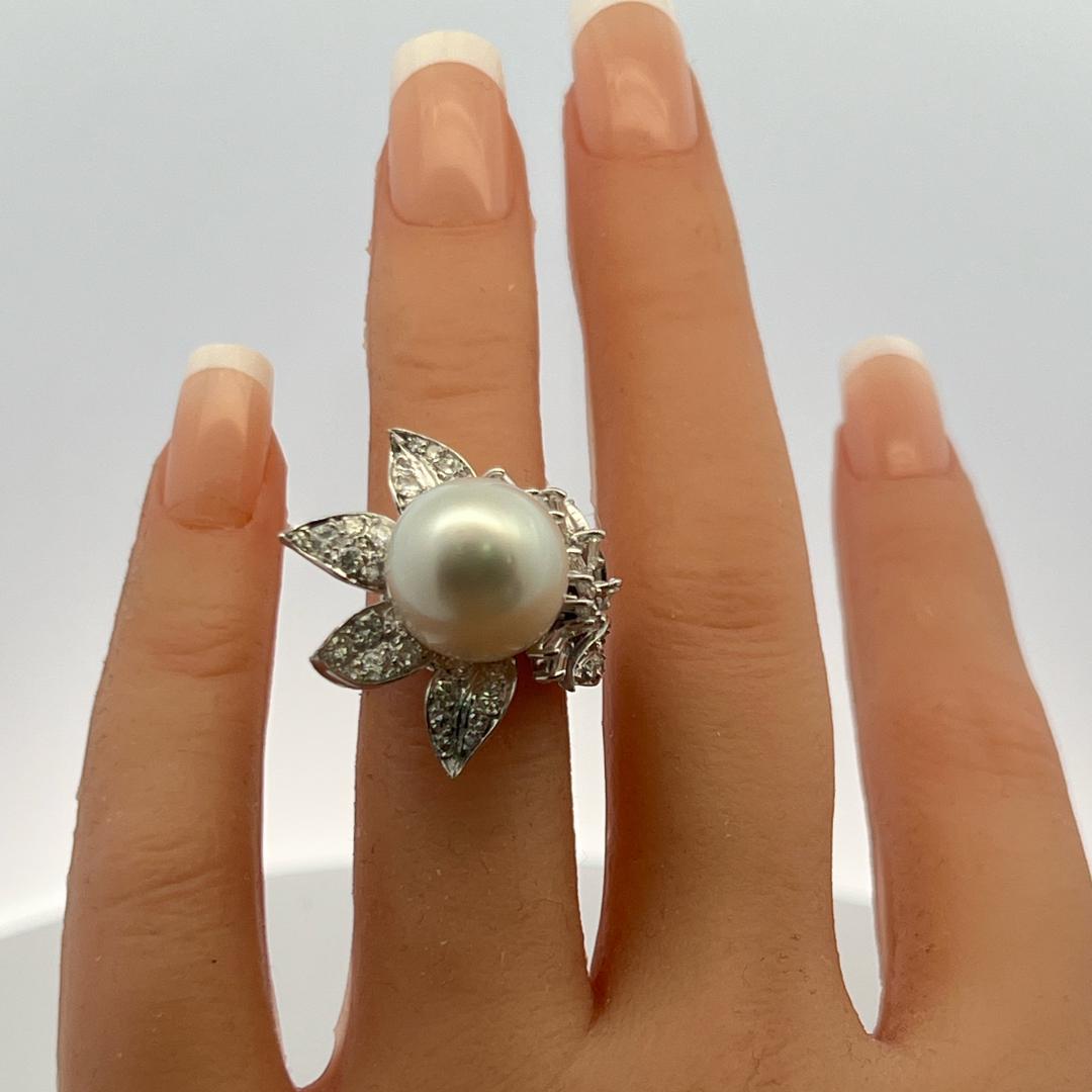 Platinum Cocktail Ring with 1.76 Carat Diamonds & 13.2x15.8 MM Pearl Size 4