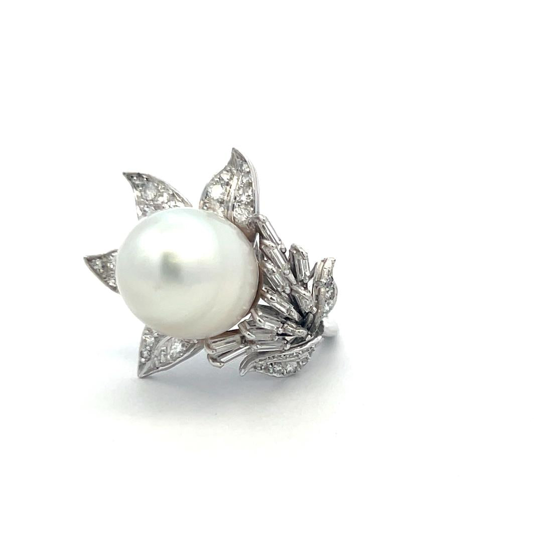 Platinum Cocktail Ring with 1.76 Carat Diamonds & 13.2x15.8 MM Pearl Size 4