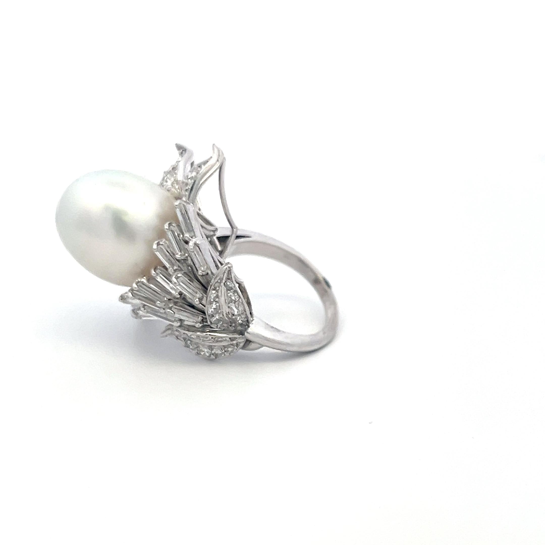Platinum Cocktail Ring with 1.76 Carat Diamonds & 13.2x15.8 MM Pearl Size 4