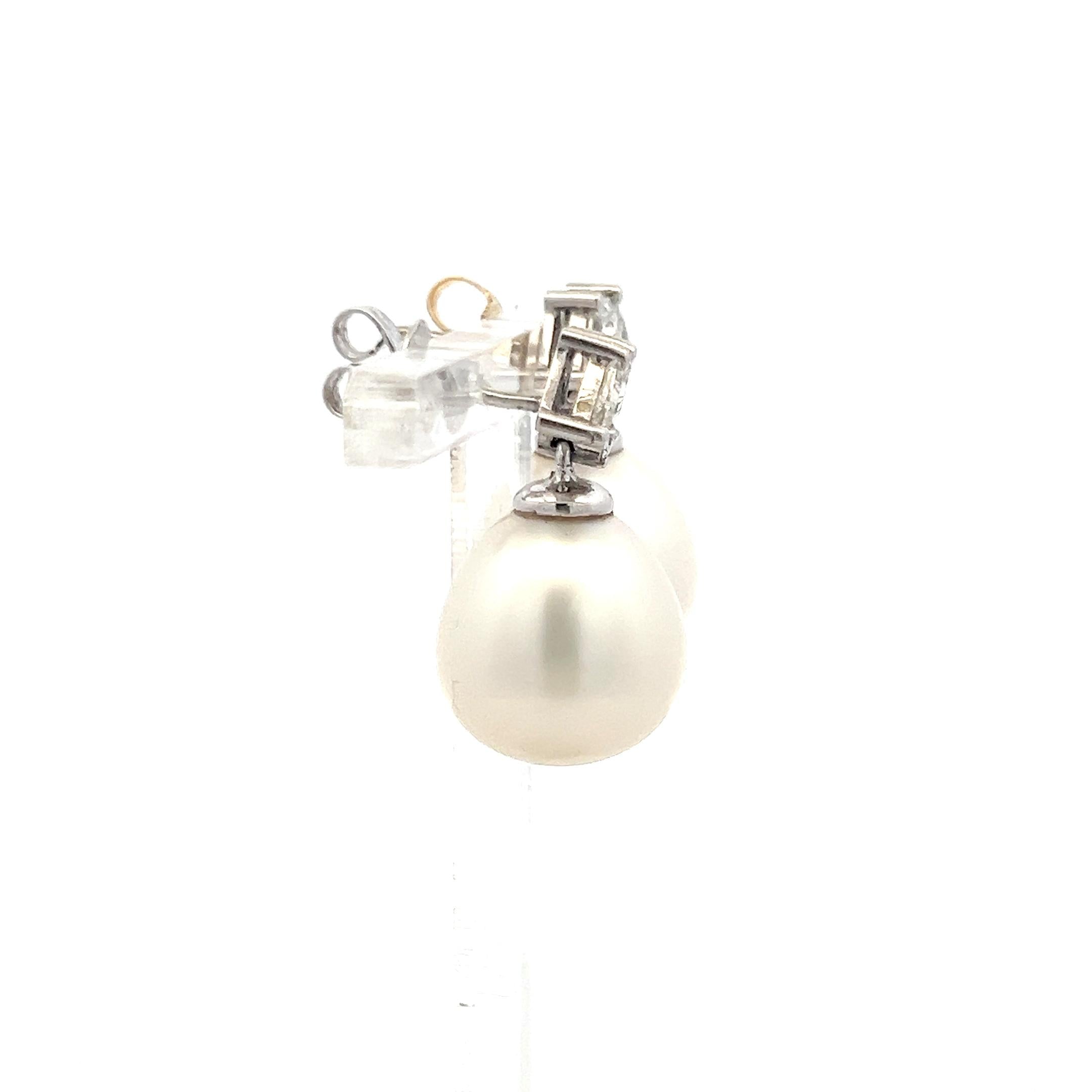14K White Gold Drop Earrings with 1.56 Carat Diamonds and 13.2-14.6 MM Pearl