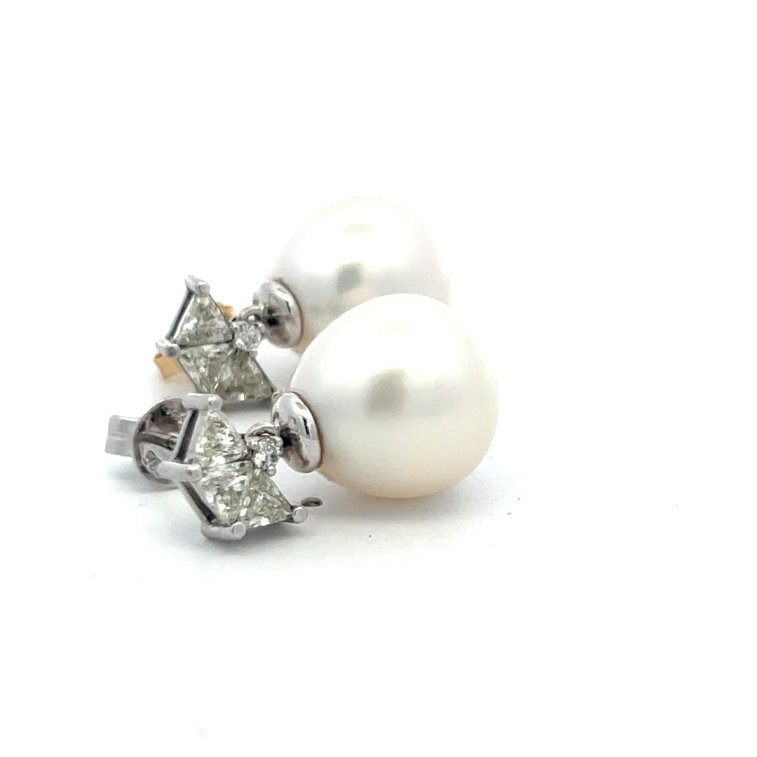 14K White Gold Drop Earrings with 1.56 Carat Diamonds and 13.2-14.6 MM Pearl