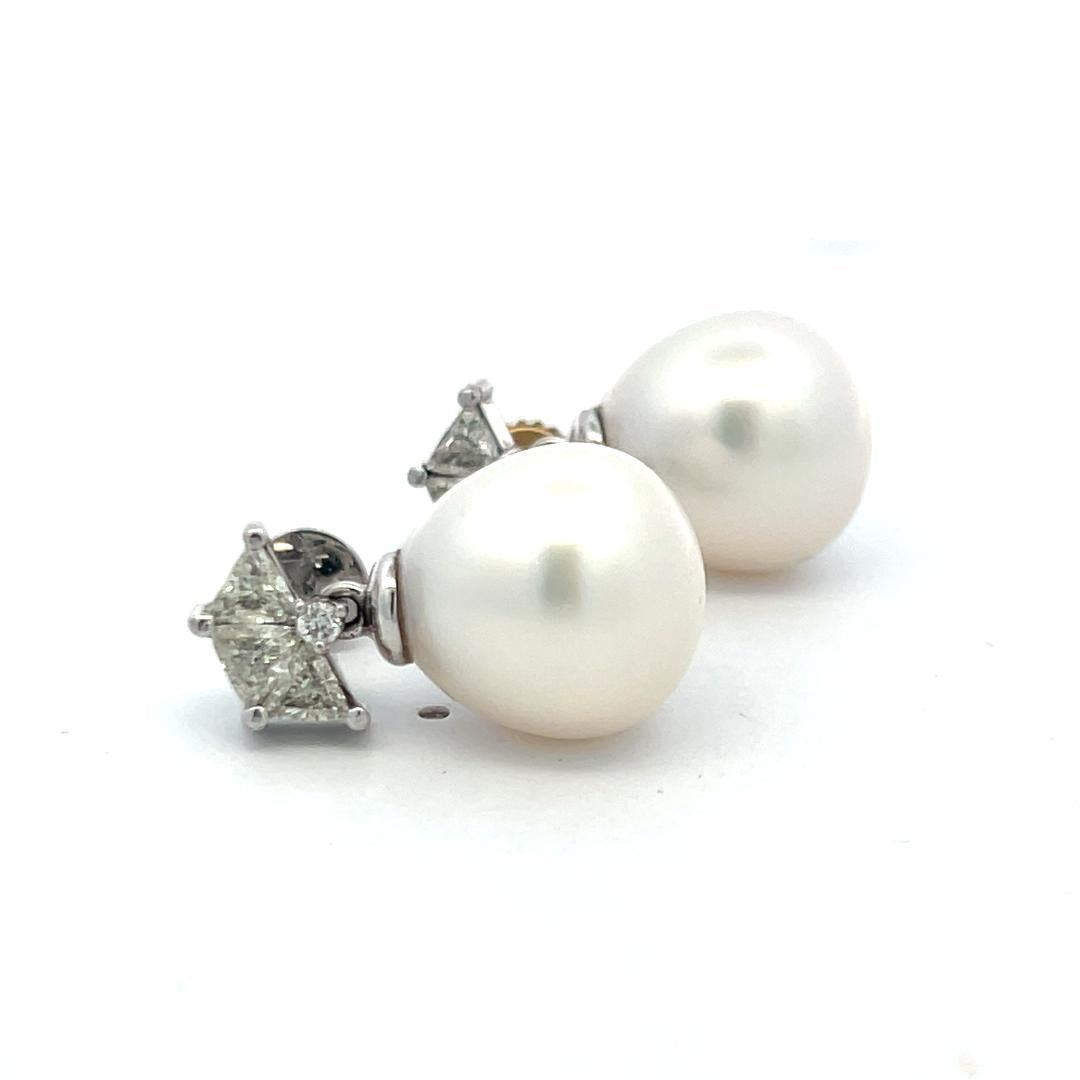 14K White Gold Drop Earrings with 1.56 Carat Diamonds and 13.2-14.6 MM Pearl