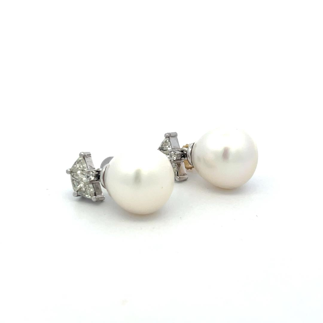 14K White Gold Drop Earrings with 1.56 Carat Diamonds and 13.2-14.6 MM Pearl