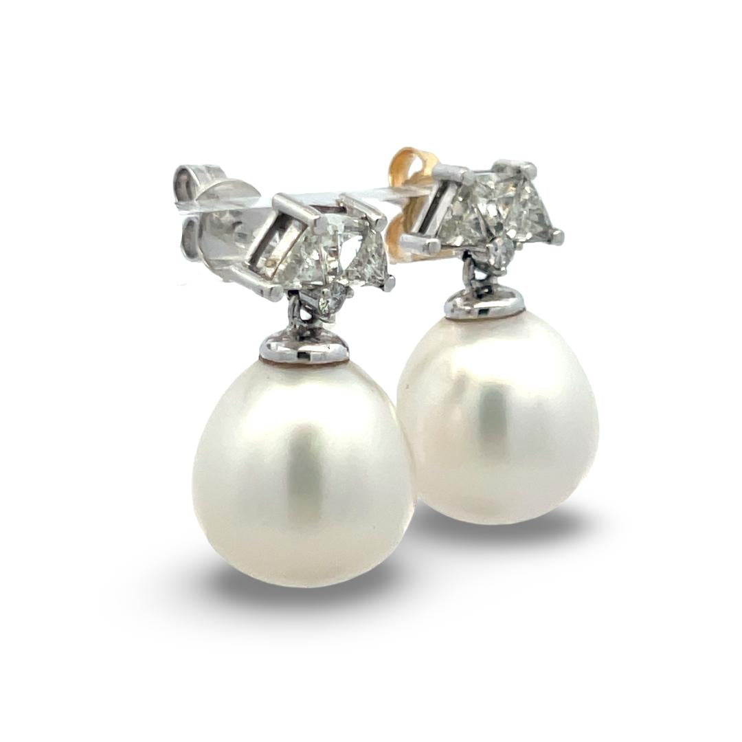 14K White Gold Drop Earrings with 1.56 Carat Diamonds and 13.2-14.6 MM Pearl