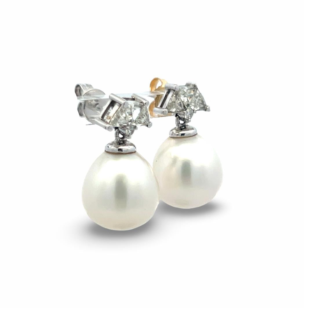 14K White Gold Drop Earrings with 1.56 Carat Diamonds and 13.2-14.6 MM Pearl