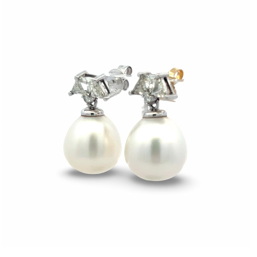 14K White Gold Drop Earrings with 1.56 Carat Diamonds and 13.2-14.6 MM Pearl