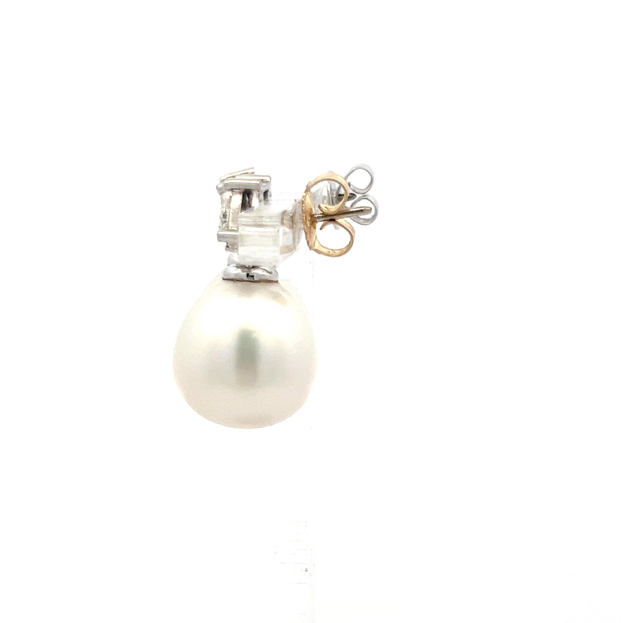 14K White Gold Drop Earrings with 1.56 Carat Diamonds and 13.2-14.6 MM Pearl