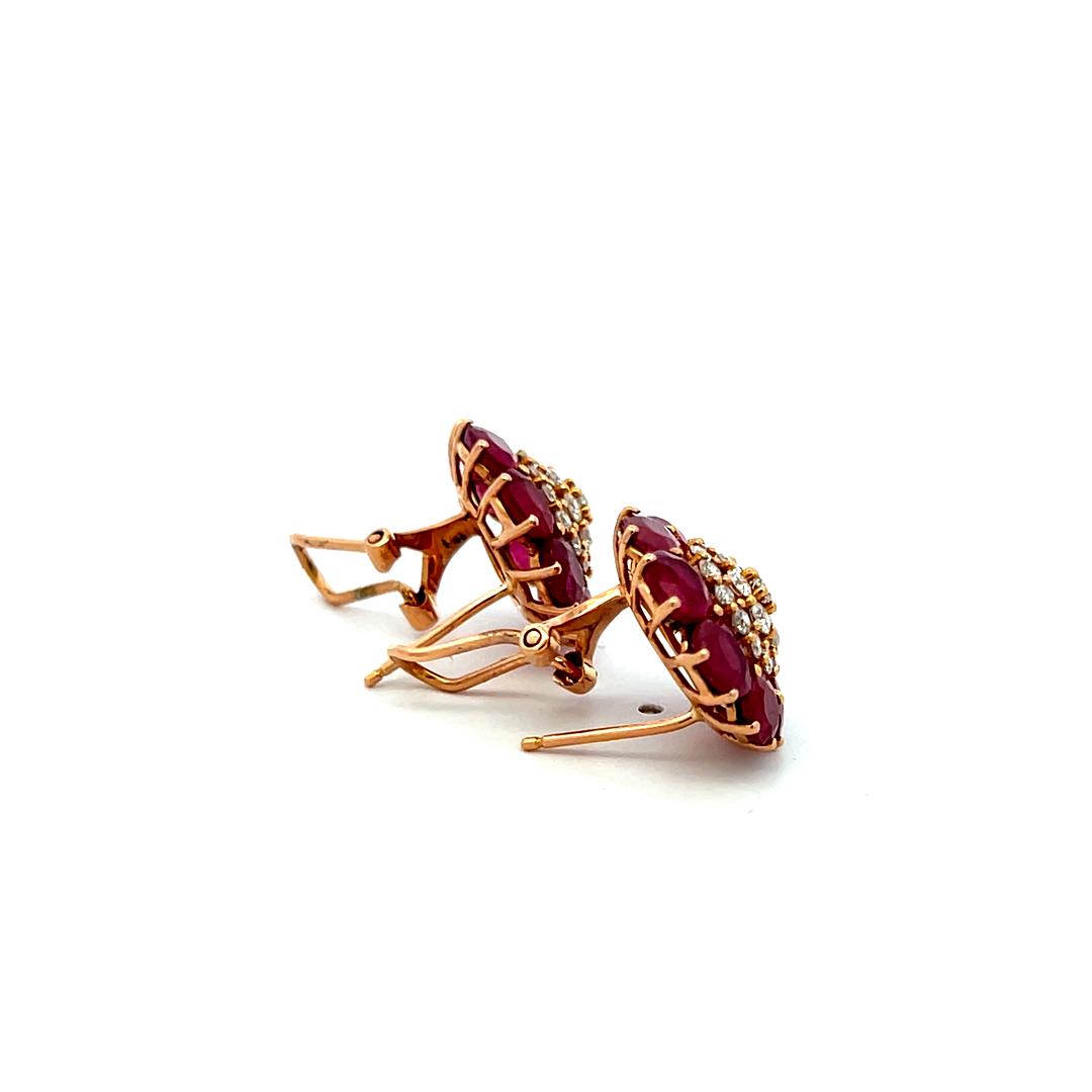 Vintage 0.84 Carat Diamond and 5.3 Carat Ruby Cluster Earrings in Rose Gold