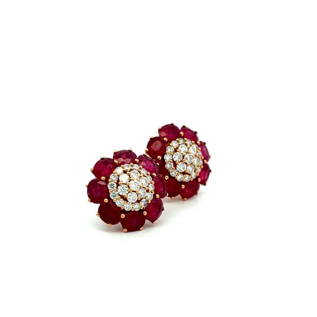 Vintage 0.84 Carat Diamond and 5.3 Carat Ruby Cluster Earrings in Rose Gold