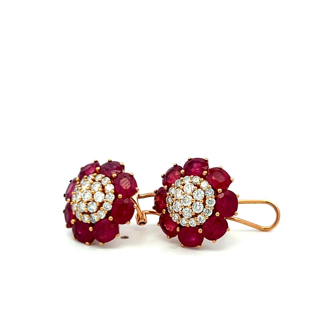 Vintage 0.84 Carat Diamond and 5.3 Carat Ruby Cluster Earrings in Rose Gold