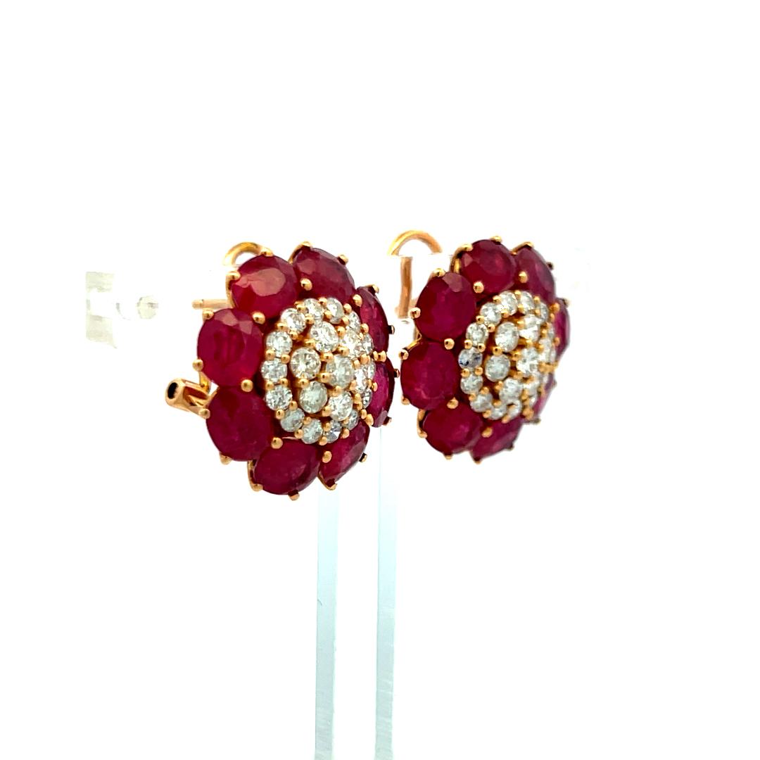 Vintage 0.84 Carat Diamond and 5.3 Carat Ruby Cluster Earrings in Rose Gold