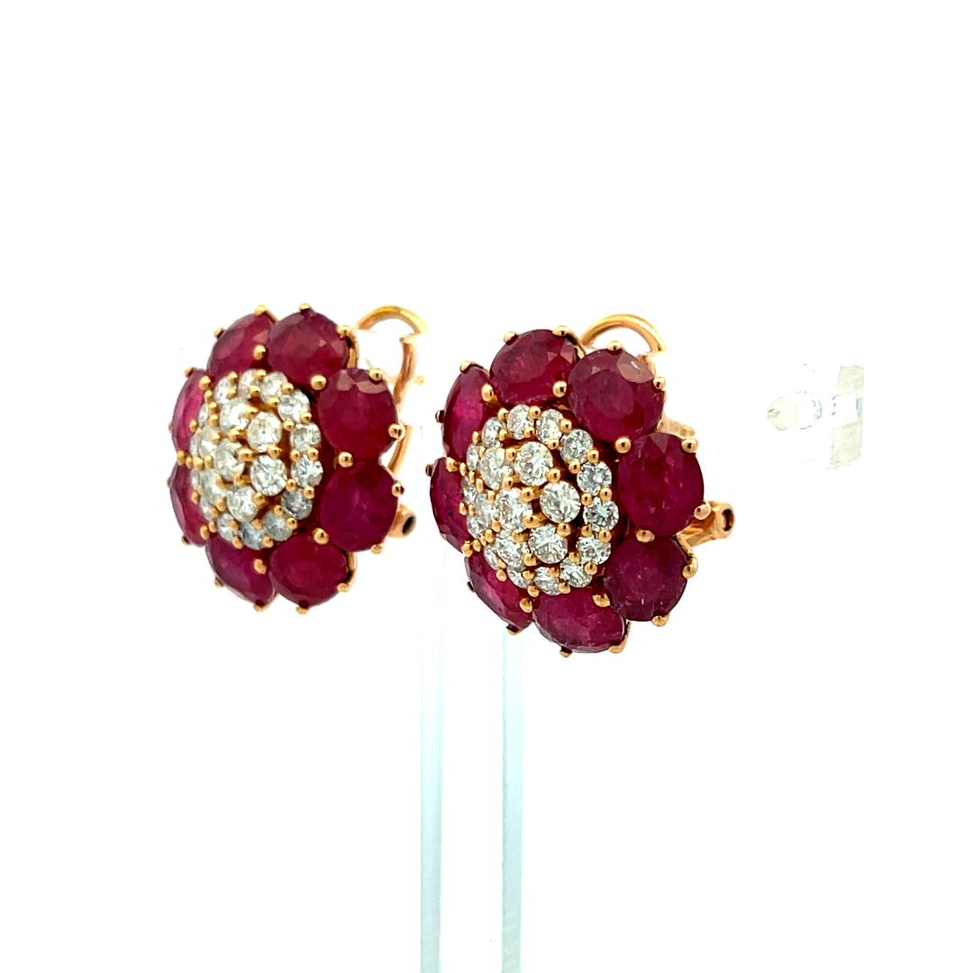 Vintage 0.84 Carat Diamond and 5.3 Carat Ruby Cluster Earrings in Rose Gold