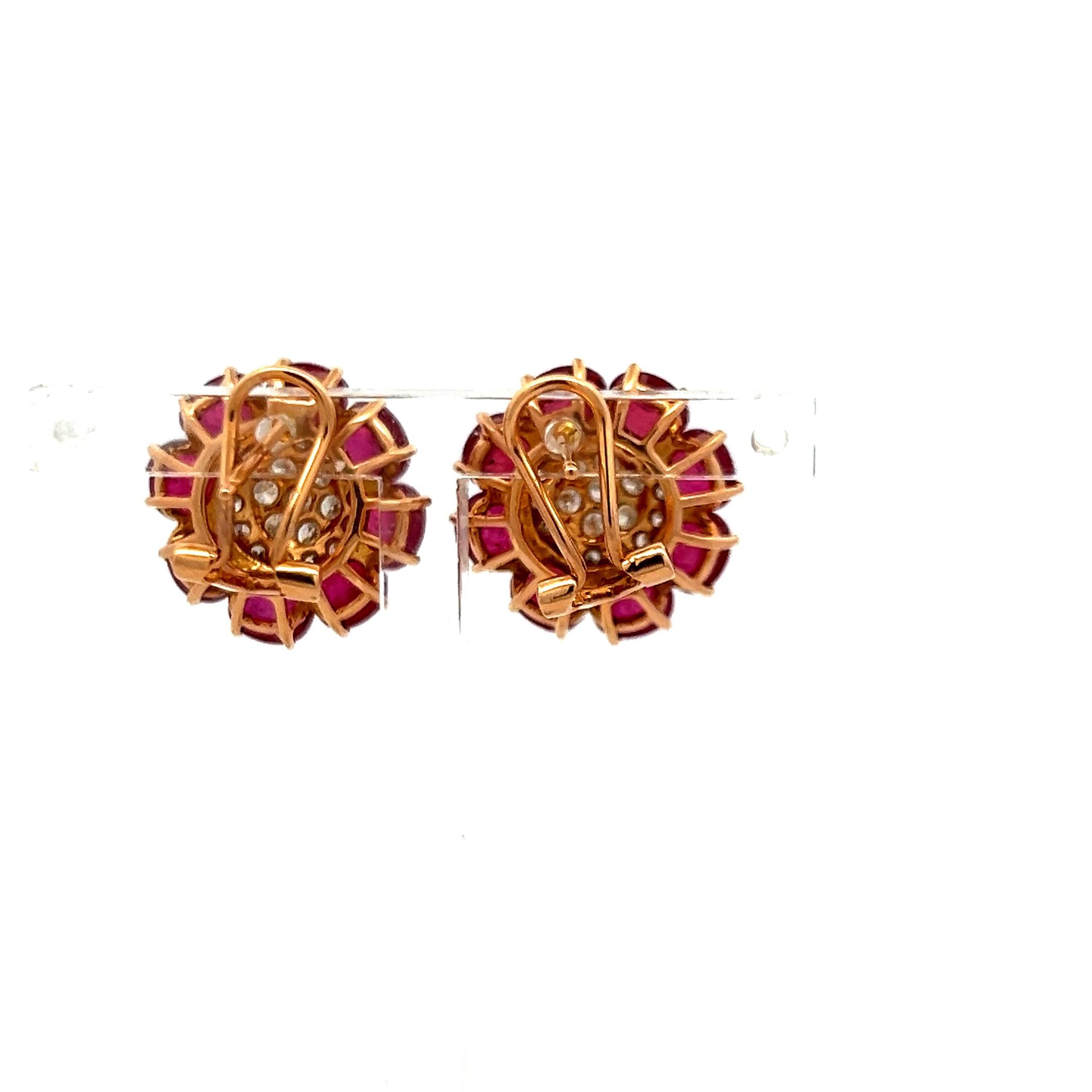 Vintage 0.84 Carat Diamond and 5.3 Carat Ruby Cluster Earrings in Rose Gold