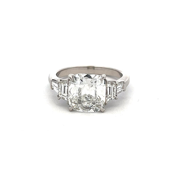 3.83 Carat Cushion Brilliant and Trapezoid and Baguette Diamond Platinum Ring