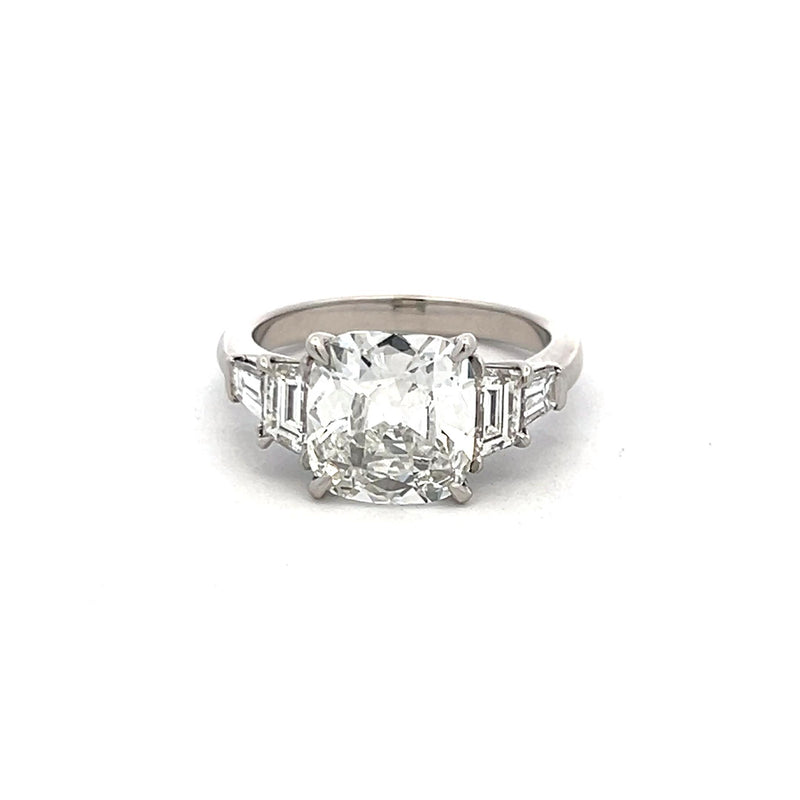 3.83 Carat Cushion Brilliant and Trapezoid and Baguette Diamond Platinum Ring