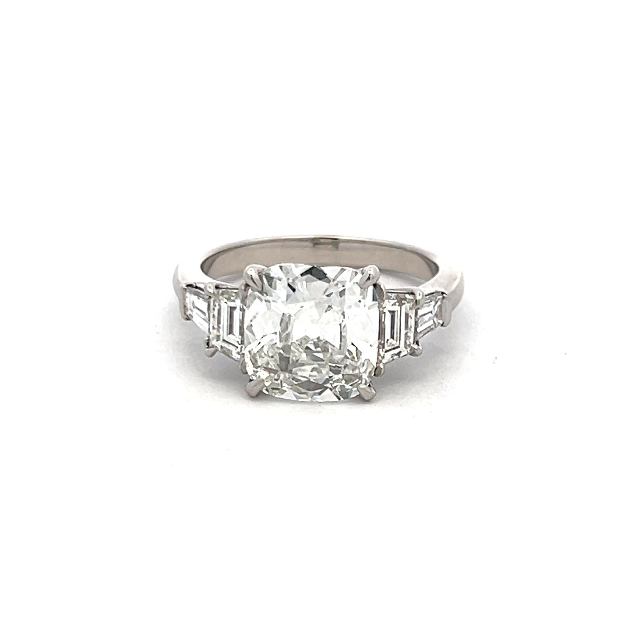 3.83 Carat Cushion Brilliant Trapezoid-Tapered Baguette Diamond Platinum Ring