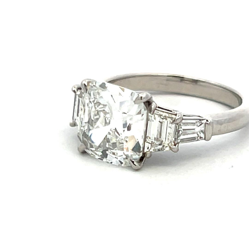 3.83 Carat Cushion Brilliant and Trapezoid and Baguette Diamond Platinum Ring