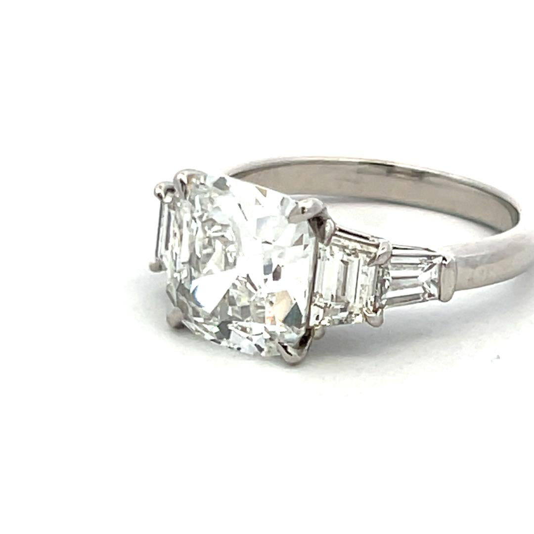 3.83 Carat Cushion Brilliant Trapezoid-Tapered Baguette Diamond Platinum Ring